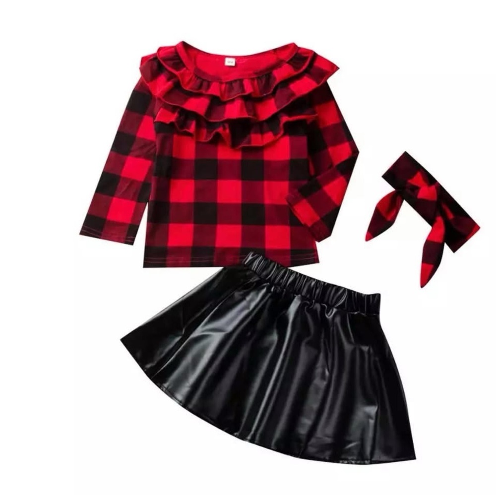 Red Plaid Ruffle Top and Black Skirt Set